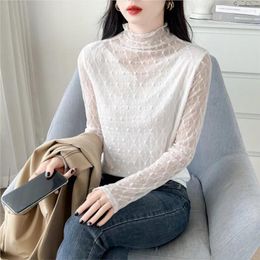 Women's Blouses Sexy Transparent Long Sleeve Top Women 2024 Fashion Autumn Winter Basic Lace White Hollow Blusas Mujer NS5795