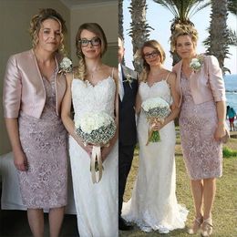 2024 Guaina al ginocchio Abito per la madre della sposa con giacca Elegante abito da sposa in pizzo con scollo a V Canotta Abiti per la madre dello sposo