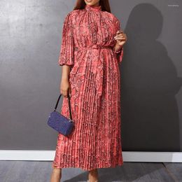 Casual Dresses African Women Dashiki 2024 Spring Autumn Pleated Fashion Elegant Print Office Lady Big Swing Long Dress With Belt