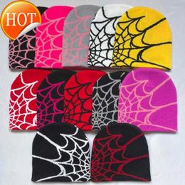 Bead Caps Berets 2024 Knitted Pullover Wool Hat Spider Web Printed Warm Grunge Hip-hop Fashion Street Punk Cap Y2k Gothic Hats