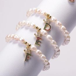 Charm Bracelets Natural Freshwater Pearl Beaded Charms Crown & A-Z Letter Bracelet Mixed CZ 26 Initials Pendant Women Men For Gift