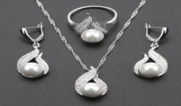 925 Silver Colour S Shaped imitation White Pearl Jewellery Set For Women Christmas Gift Silver Colour Necklace Earring Ring js318135495