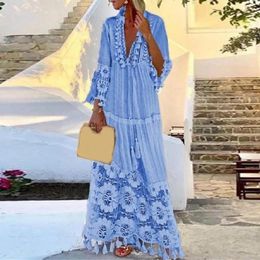 Casual Dresses Ladies Bohemian V-Neck Tassel Large Size Dress Women Lace Solid Fashion Elegant Robe Boho Holiday Long