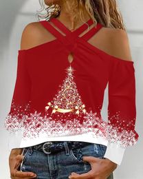 Women's T Shirts Fashion Women Long Sleeve Cold Shoulder Casual Tee Christmas Tree Print Colorblock Criss Cross Top