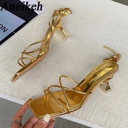 Sandals Aneikeh 2023 Fashion Patent Leather Sandals Thin High Heels Cross Lace Roman Summer Gladiator Womens Narrow Band Party Shoes J240224