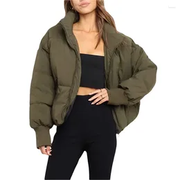 Women's Down Solid Colour Zipper Closed Pocket Decoration Windproof Warm Stand-up Collar Long-sleeved Jacket Bread Suit