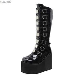 Dress Shoes Brand Design Female Wedges High Heels Knee High Boots Black Platform Boots Women 2022 Gothic Cosplay Shoes Botas FemeninaL2402