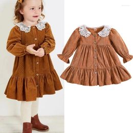 Girl Dresses FOCUSNORM 0-4Y Autumn Kids Girls Corduroy Dress Long Flare Sleeve Lace Patchwork Collar Pleated A-line