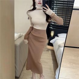 Casual Dresses Dress Women Color-blocked Winter Wear Temperament Long-sleeved High-neck Waist Slimming Mid-length Knitted Hip-hugging