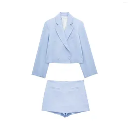 Work Dresses Woman Elegant Blue Cotton Linen Blazer Suit 2024 Spring Female Solid High Waisted Skirt Shorts Sets Ladies Straight Blazers Set