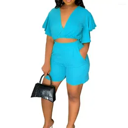 Women's Tracksuits Fashion Two Piece Set Women Sexy V Neck Ruffles Sleeve Crop Top & Pockets Shorts Suit 2024 Summer Street Solid Tracksuit