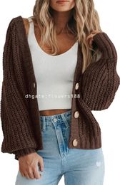 Women's Sweaters Women's Chunky Knit Open Front Sweater Long Sleeve Button Loose Short Cardigan Outerwear Coats