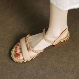 Dress Shoes Apricot Leather Women Sandals Chic Strap Casual Beach Summer White Square Low Heels Sandalias Femininos Zapatos Mujer