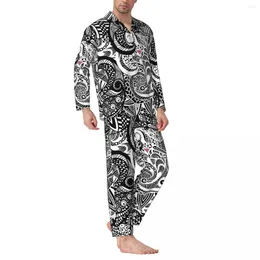 Men's Sleepwear Pyjamas Male Easter Vintage Daily Black And White Floral 2 Pieces Set Long-Sleeve Oversized Home Suit