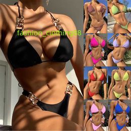 Solid Colour 2 Piece Bikini Swimwear G-string Beachwear For Women 2023 spahalter strap Tops bra
