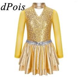 Stage Wear Kids Girls Long Sleeve Tutu Ballet Dress Dancewear Shiny Sequins Metallic Gymnastics Leotards Children Ice Figure Skating