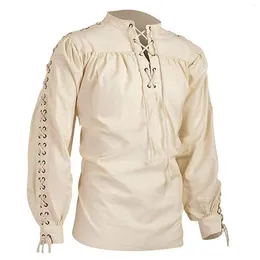 Men's Dress Shirts Gothic Men Renaissance Long Sleeve Fashion Lace Up Top Warrior Bandage Mediaeval Shirt Casual Cosplay Costumes Blusa