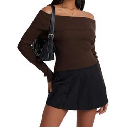 Spring and autumn women's sweater women's long-sleeved off-the-shoulder sweater rib pullover asymmetrical fit t-shirt designer