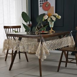 PVC Tablecloth Embroidery Lace Transparency PVC table cloth Waterproof Oilproof Kitchen Dining table cover for rectangular table 240220