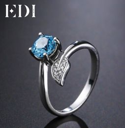 EDI Natural Blue Topaz Gemstone Pure 925 Sterling Silver Ring For Women Leaf Shape 6mm Round Fine Jewellery Y18927049726320