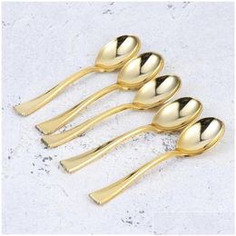 Disposable Dinnerware Golden Sier Rose Gold Knife And Fork Spoon Plastic Tableware Set Birthday Party Wedding Supplies Drop Delivery Dhexb