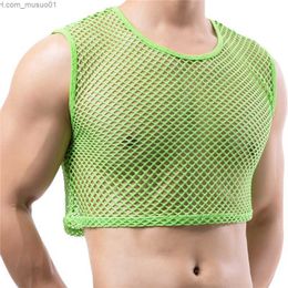 Men's Tank Tops Mens Transparent Fishnet Crop Top Sexy Mesh Hollow Out Tank Tops Gym Fitness Sleeveless Undershirts T-shirts Nightclub Mini VestL2402