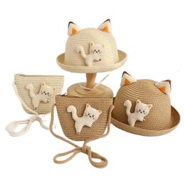 Children Panama Fisherman Hat Kids Summer Baby Straw Hats For Boys Girls Cartoon Bucket Stereoscopic Cat Cap 240219