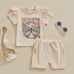 Clothing Sets 2024-01-16 Lioraitiin Toddler Baby Girl Outfit Set Butterfly Letters Print Ruffle T-shirt Top With Casual Shorts Summer