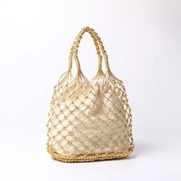 Gold silver 2 color bright paper ropes hollow woven handbag cotton lining straw bag female Reticulate handbag netted beach bag 240221