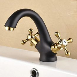 Bathroom Sink Faucets Brass Black Gold Wash Basin Vanity Counter And Cold Water Faucet Household Double Handle Single Hole Wa