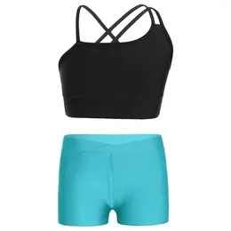 Running Sets Kids Girls Sports Training Outfits Asymmetrical Strappy Crop Top With V-front Waistband Shorts Gymnastic Workout Yoga Costume