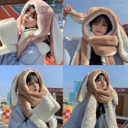 Berets Kawaii Ear Hat 3 In 1 Multi-functional Super Soft Hoodies Scarf W/ Pockets Gloves Women Girl Windproof