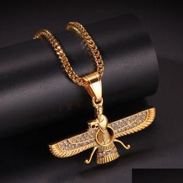 Pendant Necklaces Fashion Stainless Steel Bling Diamond Egyptian Myth Eagle Portrait Mens Necklace Hip Hop Raper Jewelry Gifts For M Dhgve