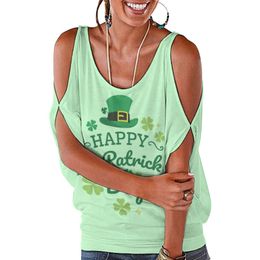 Off-the-shoulder T-shirt with low neckline and short sleeves Breathable fashion All gifts St. Patrick's Day 95% Polyester + 5% Spandex 203g bright green