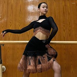 Stage Wear 2024 Sexy Latin Dance Costume Women Long Sleeves Tops Tassel Skirt Suit Adult Rumba Dress Competition DNV19042