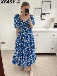 Basic Casual Dresses XEASY Womens Summer 2022 Retro Midi Dress Casual Blue Printed Long Skirt Womens Clothing J240224