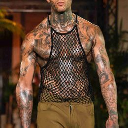 Men's Tank Tops Men Vest Undershirt Gay Clothing Sexy Mesh Shirt Muscle Singlet See Through Fishnet Sleeveless Mens Tank Top Transparent ShirtL2402