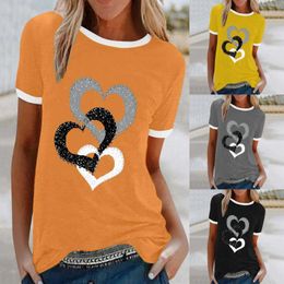 Women's T Shirts Fashionable Round Neck Collared Valentine's Day Chain Love Print Short Sleeve Shirt Womens Tech Mock Tee