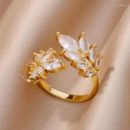 Cluster Rings Zircon Tree Leaf For Women Stainless Steel Shiny Ctrystal Ring 2024 Trend Koeran Fashion Aesthetic Wedding Jewerly Anillos