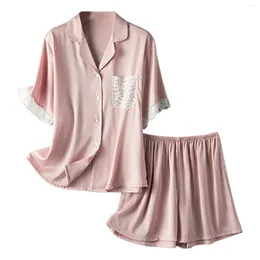 Women's Sleepwear Casual Two Piece Solid Lace Trim Pajama Set Lapel Button Short Sleeve Shirts And Shorts Pajamas Ladies