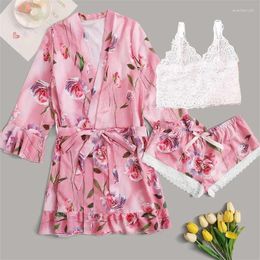 Women's Sleepwear Pink Print Women Rayon Pyjamas Set 3PCS Lace Kimono Suspender Top&Shorts Pyjamas Suit Dressing Gown Lingerie Sleepshirt