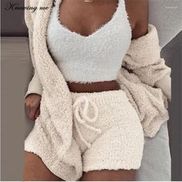 Women's Tracksuits Winter Fleece 3pcs Set Women Hooded Cardigan Coat Crop Vest Short Pants Tracksuit Lady Autumn Long Sleeve Thick Outfits