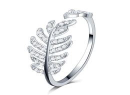 Real Silver Womens Diamond Ring with leaf feather Fit Style Charm 925 Sterling Silver Ring Valentine's Day Gift1990874