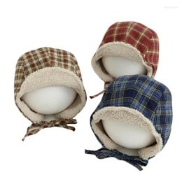 Berets Winter Baby Beanie Cap Vintage Plaid Ear Protection Knitted Hat For Boys Girls Cycling Skiing Warm Parent-child Kids Hats