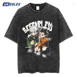 Men's T Shirts Hip Hop Streetwear Men Black Washed T-Shirt Japanese Anime Graphic Print Summer Loose Tshirt Harajuku Cotton Tops Tees
