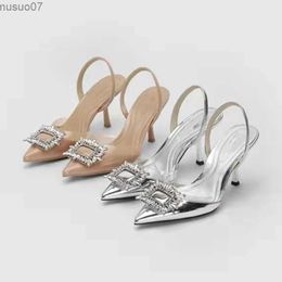 Sandals Brand Designer Silver High Heels Sandals Women 2023 Summer Crystal Square Buckle Sandals Woman Pointed Toe Slingbacks Party ShoeL2402