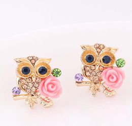 gold cute owl flower stud earrings for women animal earrings aretes studs boucle d39oreille femme XD23237479212