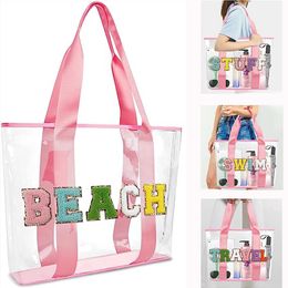 Women Pink Cute Girls Travel Chenille Letter Clear PVC Transparent Beach Patches Stuff Tote Bag with Handles for Swim 240221