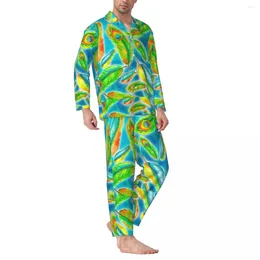 Men's Sleepwear Pyjamas Male Colourful Peacock Feather Home Nightwear Animal 2 Piece Casual Set Long Sleeve Trendy Oversized Suit