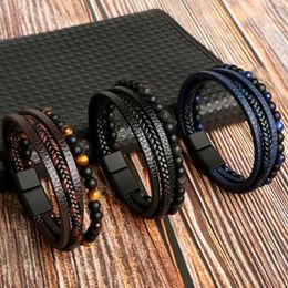 Strand 1Pc In Beaded Men Bracelet Stainless Steel Tiger Eyes Natural Stone Multilayer Leather Braided Fashion Wristband Jewelry